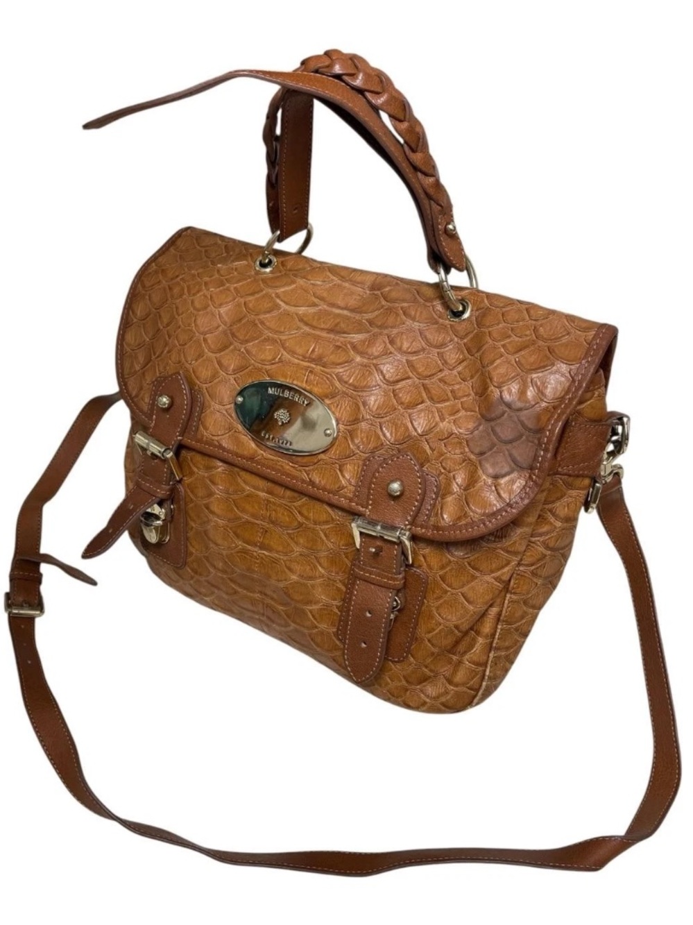 Mulberry Cognac Croc-Embossed Leather Satchel with Braided Handle
